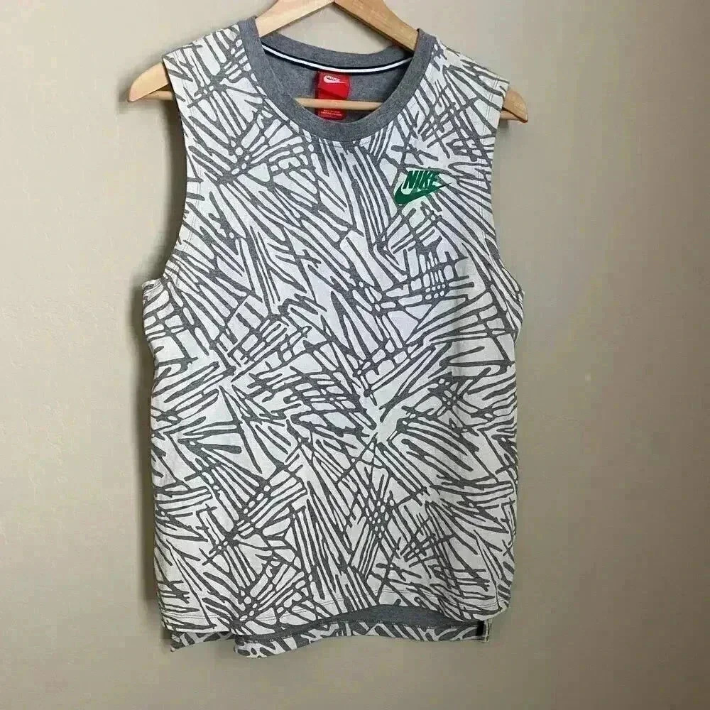 Nike Muscle Tank Top Small Gray White Abstract Print Womens Workout Gym High Low